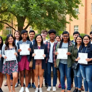 Group of high school students celebrating with awards in San Diego