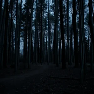 A haunting forest symbolizing trauma and exploitation.