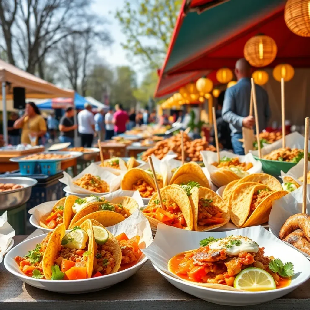 A festive display of San Diego's spring culinary events featuring various food items and an outdoor festival atmosphere.