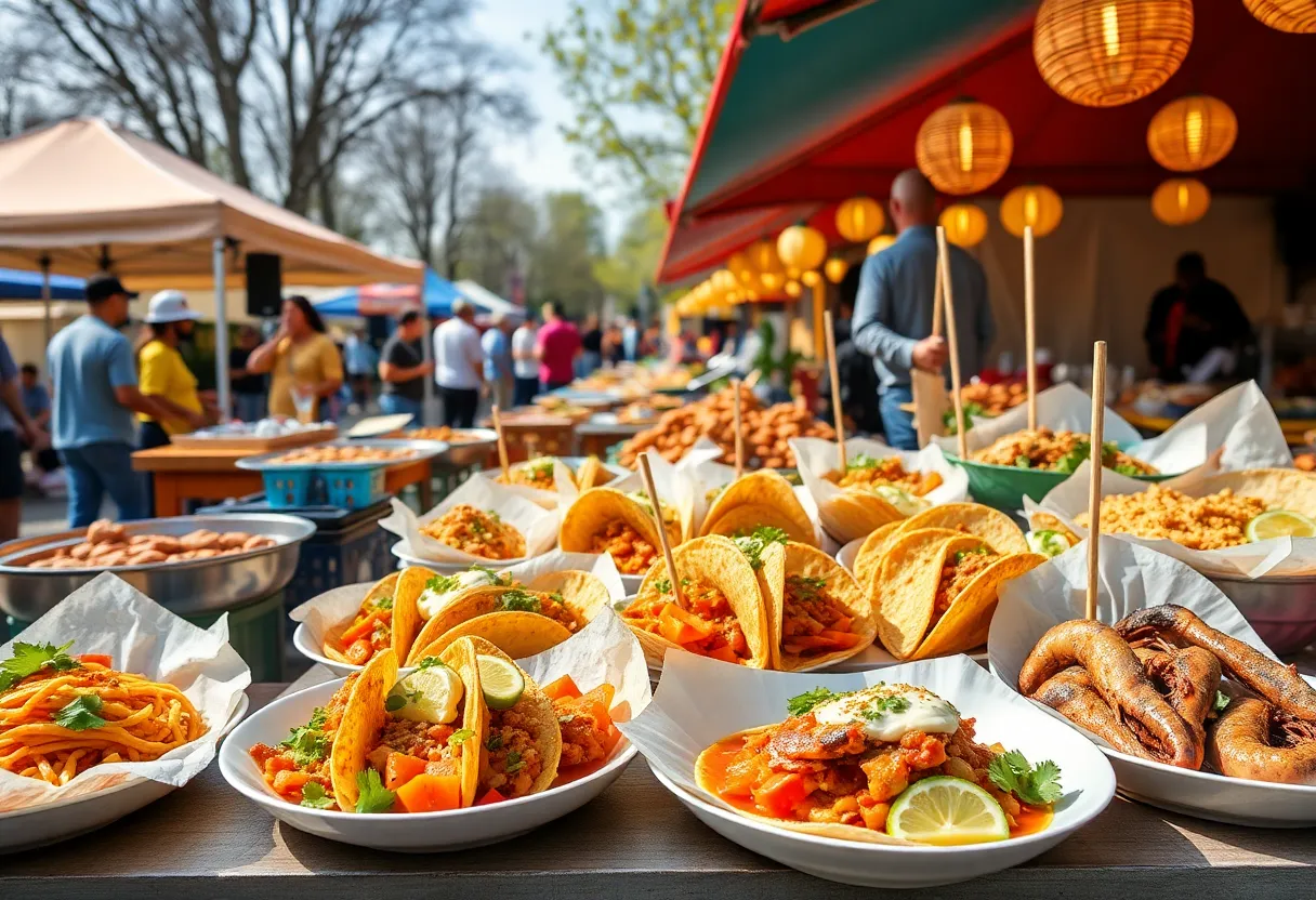 A festive display of San Diego's spring culinary events featuring various food items and an outdoor festival atmosphere.