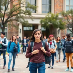 Group of diverse international students on a university campus looking concerned