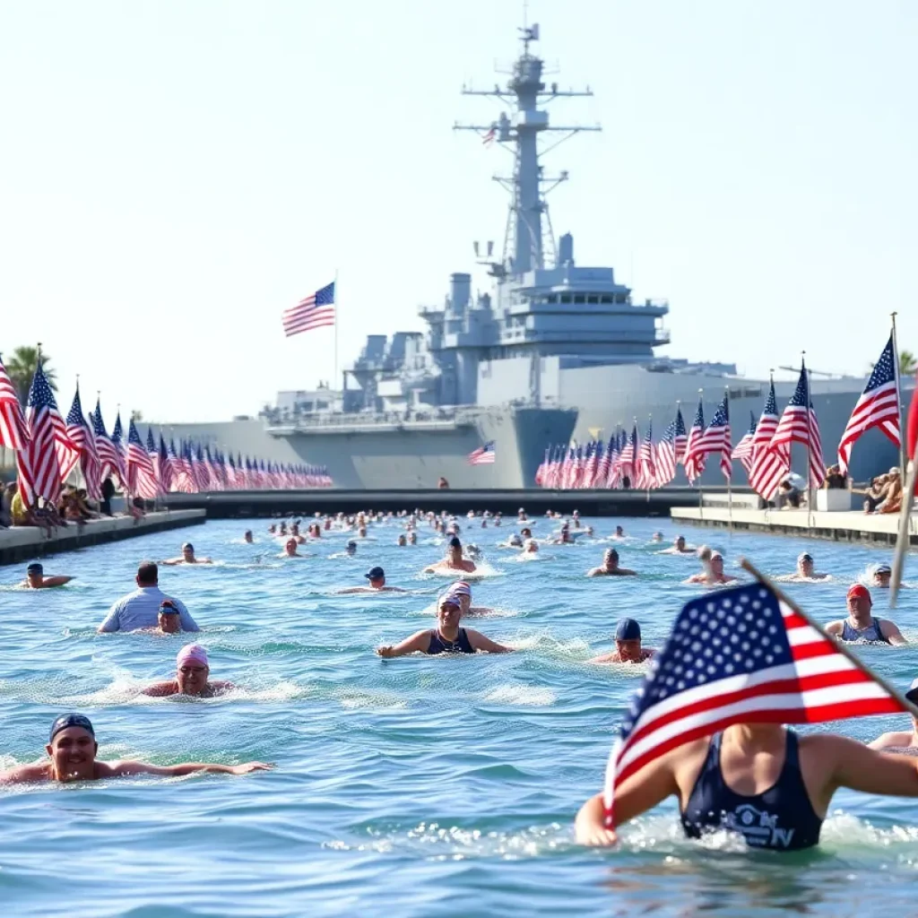 Participants swimming in the Swim for SOF event in Coronado, showcasing community support for veterans.