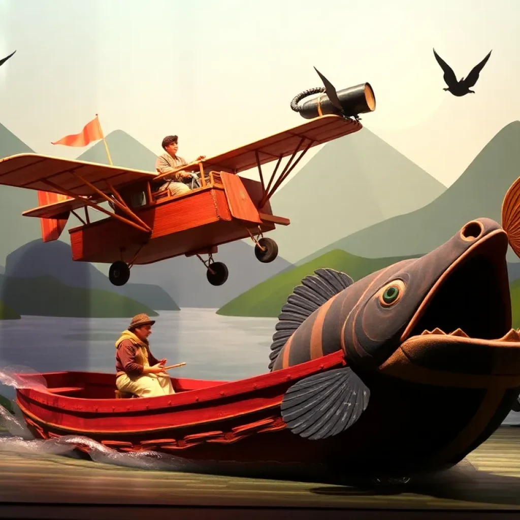 A vibrant scene from the folk musical 'The Mountain Song' featuring whimsical characters and enchanting scenery.