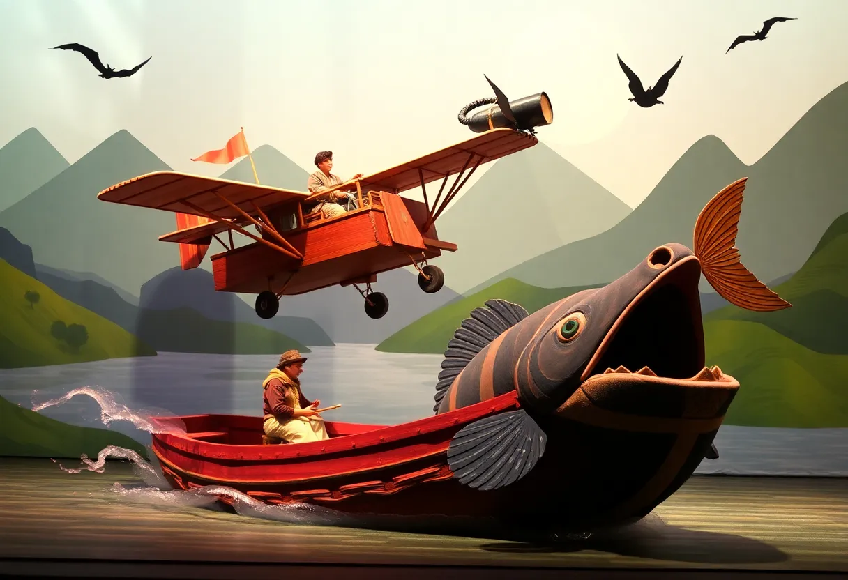 A vibrant scene from the folk musical 'The Mountain Song' featuring whimsical characters and enchanting scenery.
