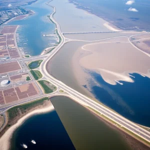 Aerial view of pollution flowing in Tijuana River