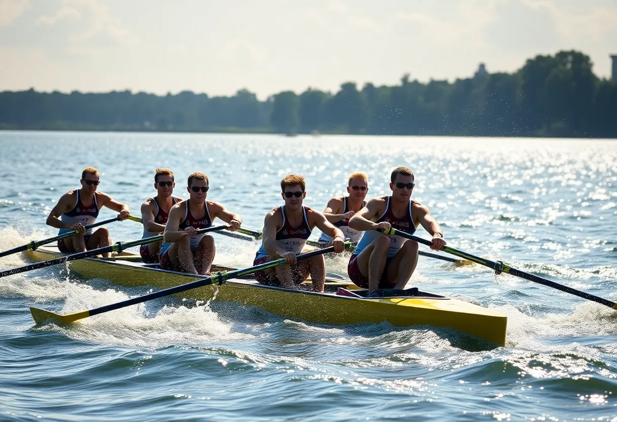 University of San Diego men's rowing team competing in a race