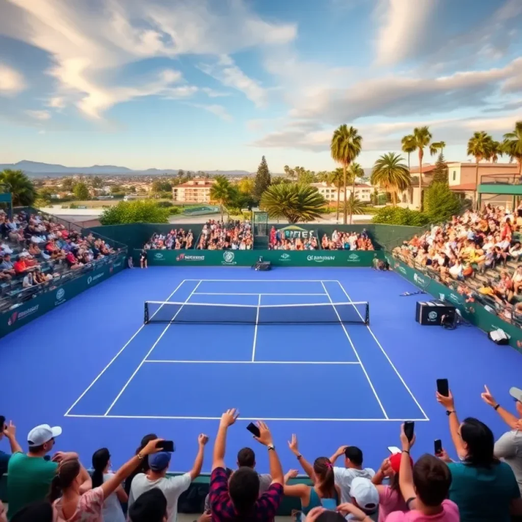 Intriguing tennis match at Hogan Tennis Center with fans cheering
