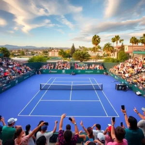 Intriguing tennis match at Hogan Tennis Center with fans cheering