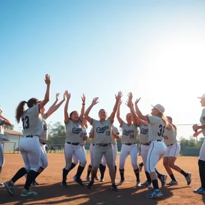 The University of San Diego softball team celebrating a win on the field.