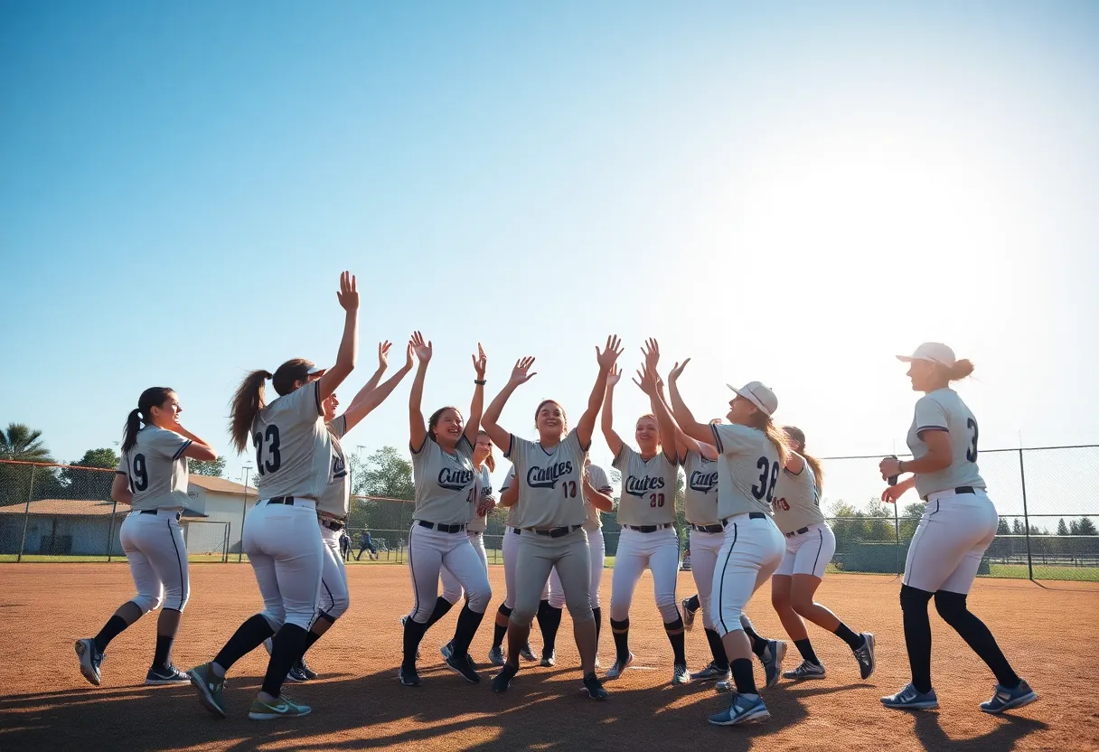 The University of San Diego softball team celebrating a win on the field.