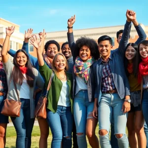 Diverse group of students celebrating after class action lawsuit settlement