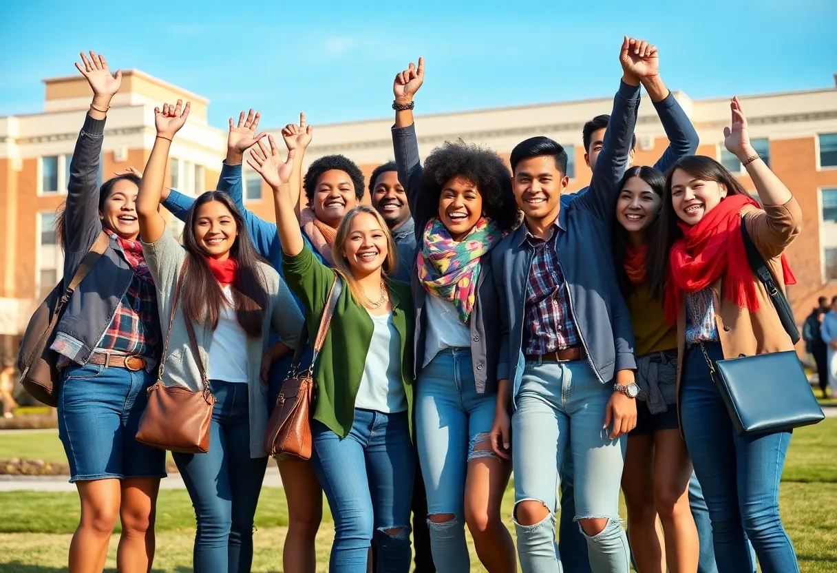 Diverse group of students celebrating after class action lawsuit settlement