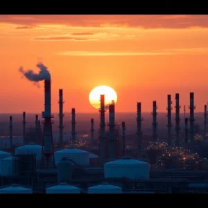 Industrial view of Valero refinery at sunset