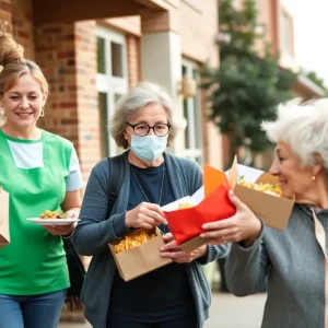 Volunteers from Meals on Wheels delivering meals to elderly residents