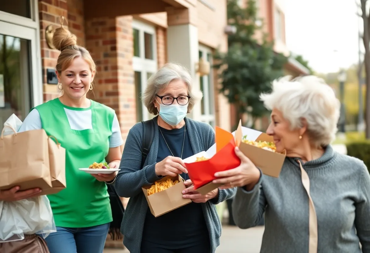 Volunteers from Meals on Wheels delivering meals to elderly residents