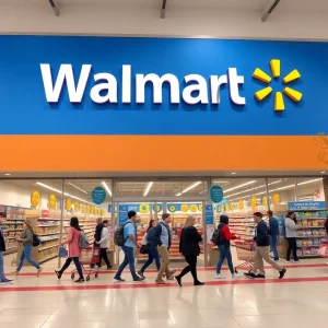 Modern Walmart store with new signage and displays, busy with shoppers