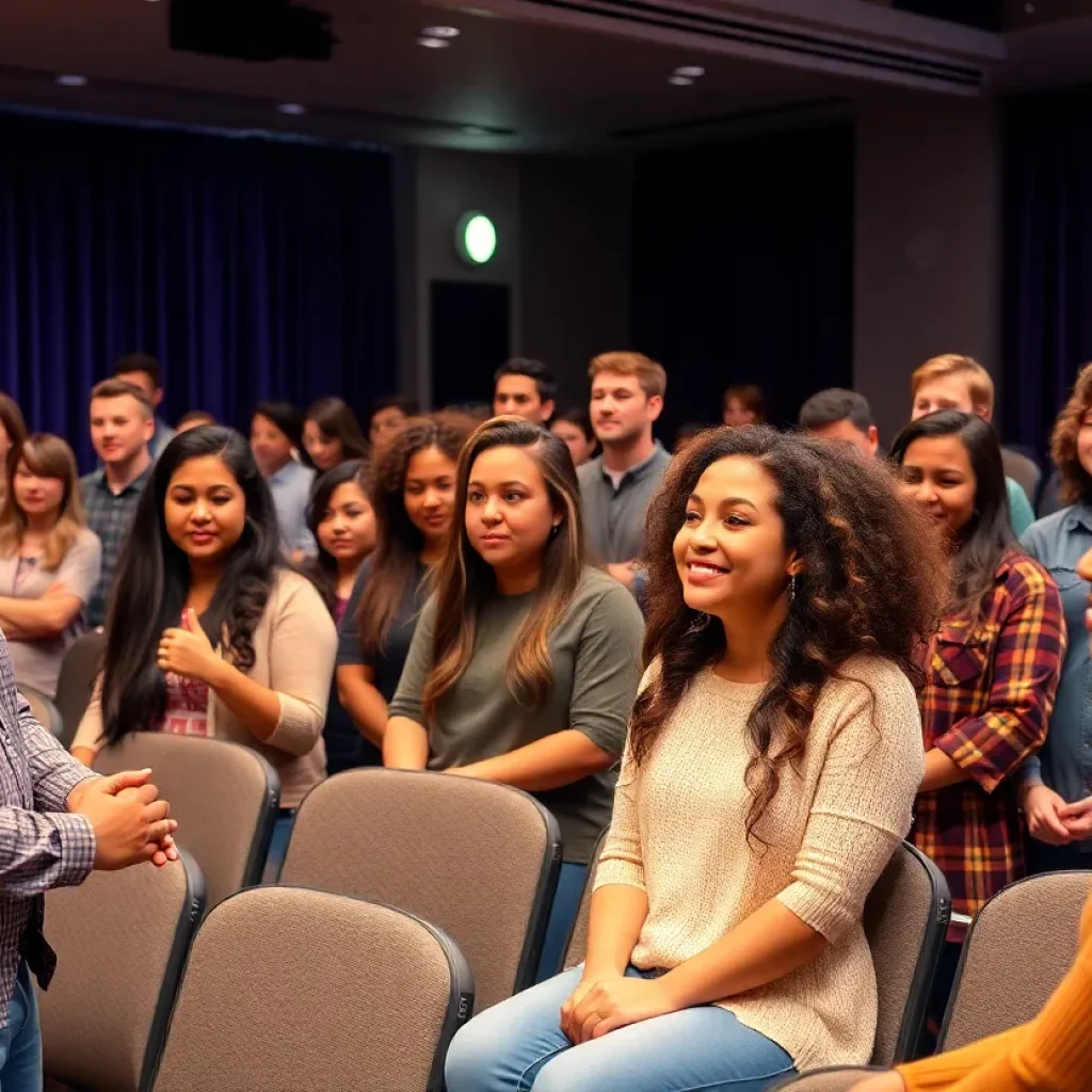 Diverse group of actors in a theater preparing for auditions