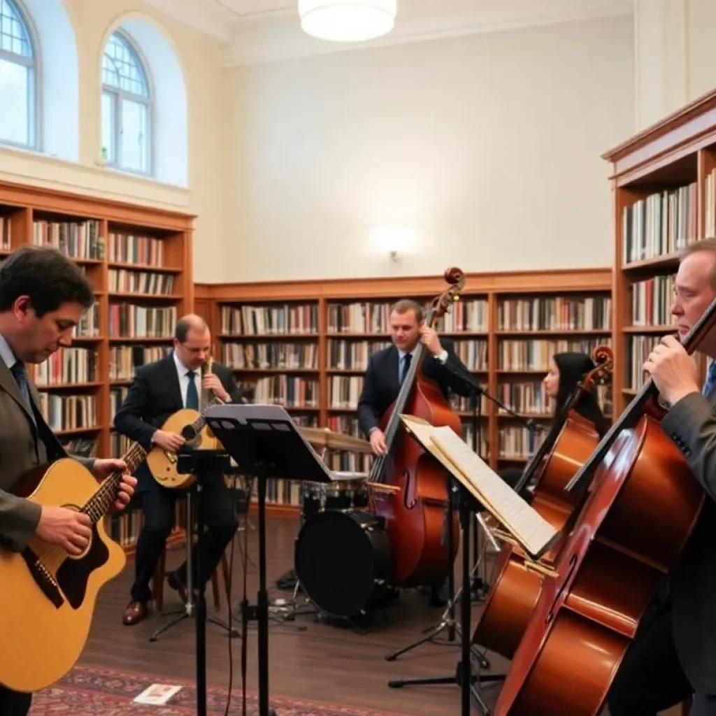 Members of the Adam Wolff Trio playing jazz music at a library
