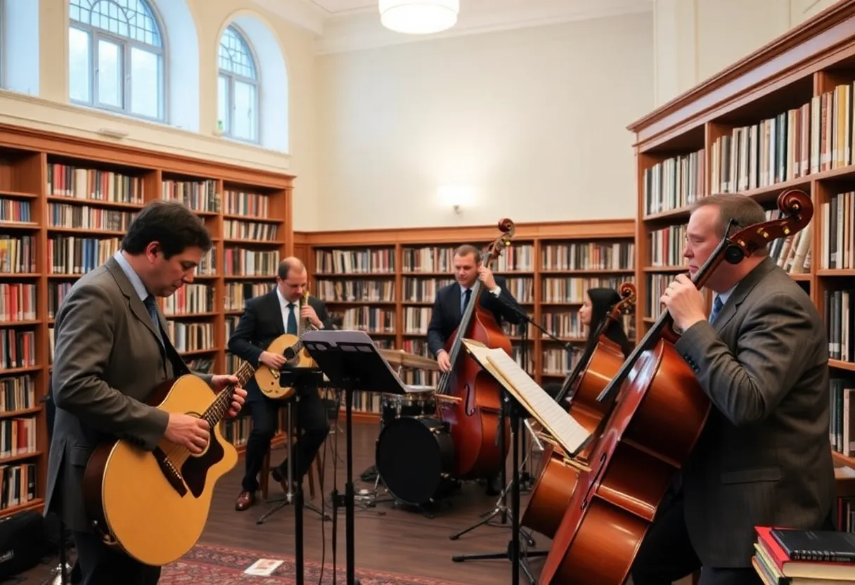 Members of the Adam Wolff Trio playing jazz music at a library