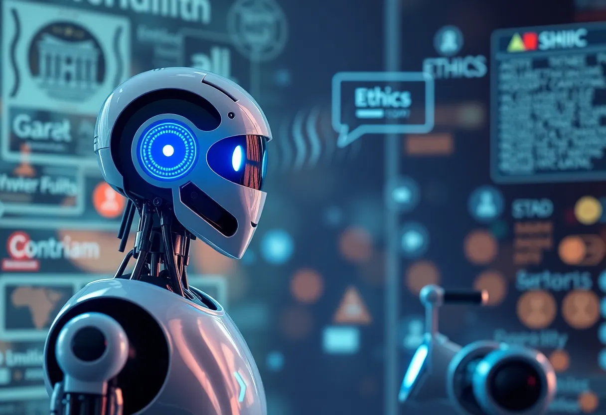 A digital representation of an AI chatbot surrounded by ethical symbols and historical references.