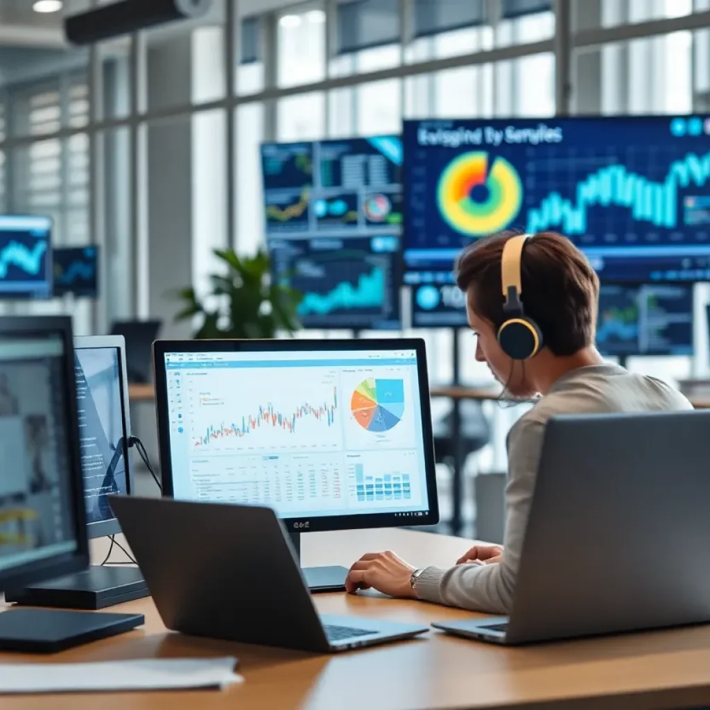 A digital media office highlighting AI technology in subscription metrics.