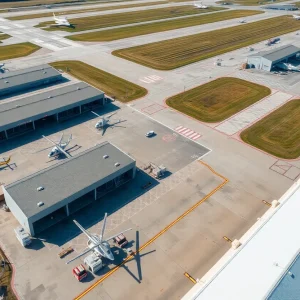 Aerial view of an airport showing helicopters and maintenance areas.