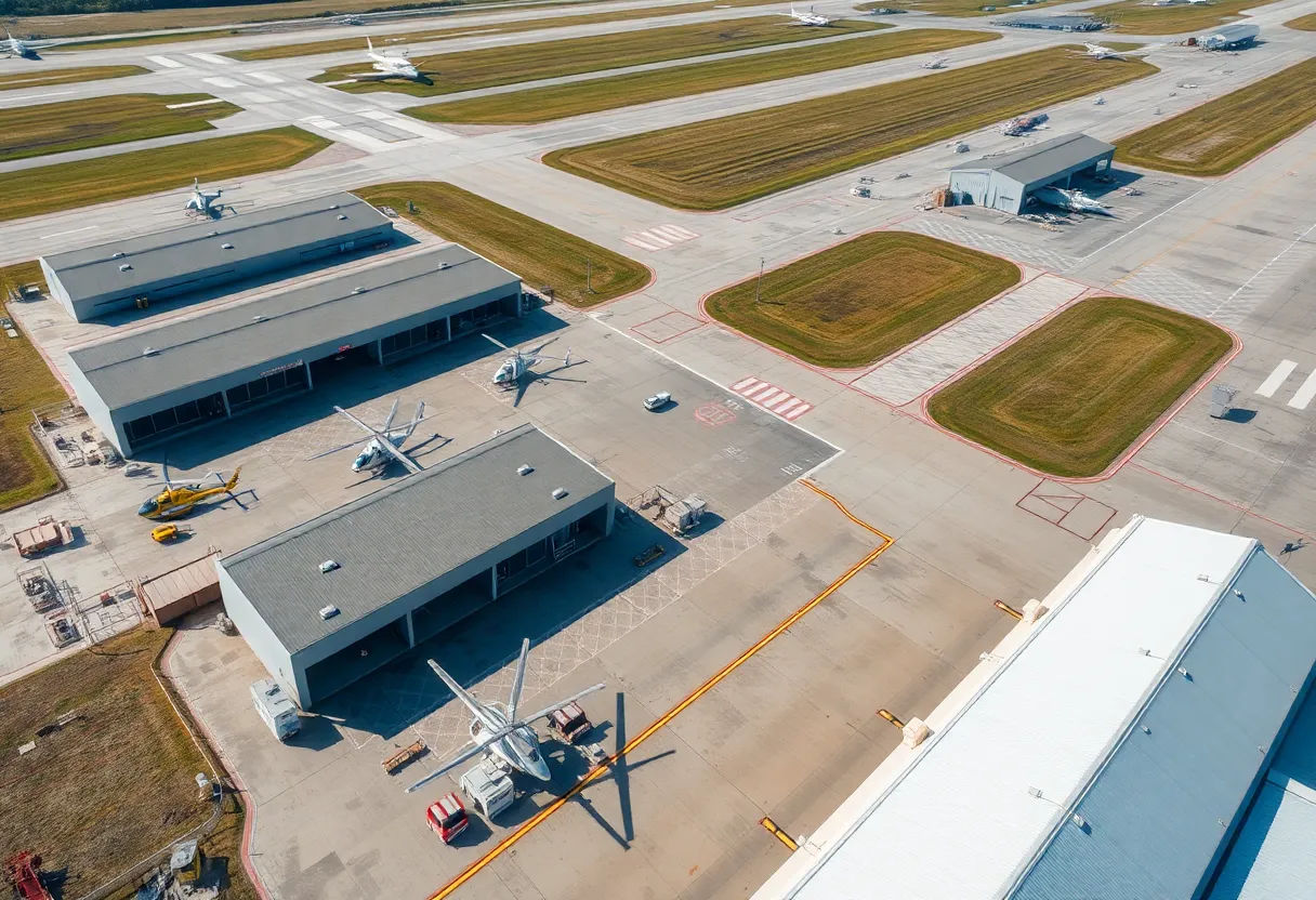 Aerial view of an airport showing helicopters and maintenance areas.
