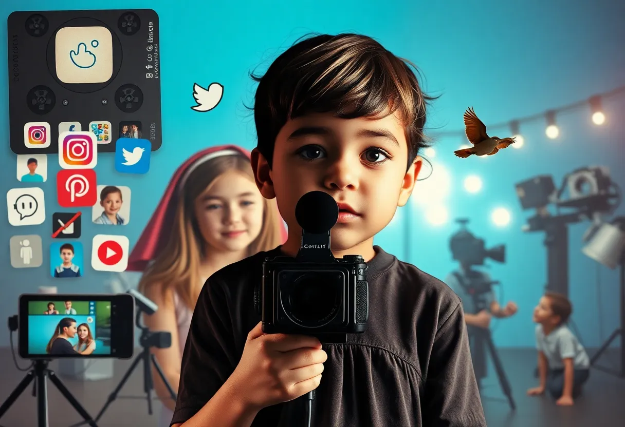 A visual representation of the kidfluencer industry showcasing themes of childhood innocence and social media influence.