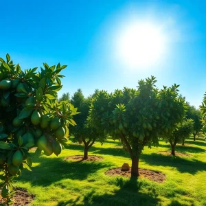 Orchard filled with mature avocado trees in California.