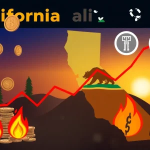 Imagery of economic decline in California relating to budget shortfall, wildfires, and healthcare costs.