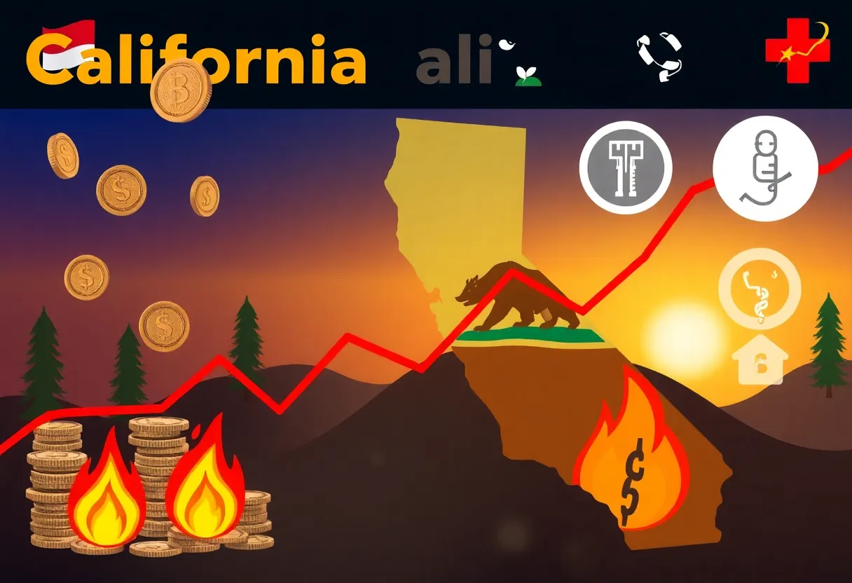 Imagery of economic decline in California relating to budget shortfall, wildfires, and healthcare costs.
