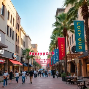 A bustling street in California showcasing new businesses and dining options.