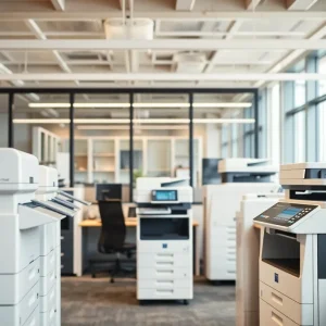 Showcasing various office equipment in a modern office setup.