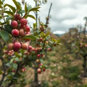 California cherry orchard with stressed cherry trees due to weather challenges