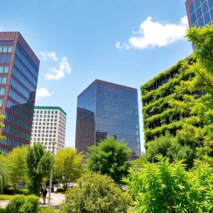 Corporate buildings with greenery symbolizing environmental accountability.