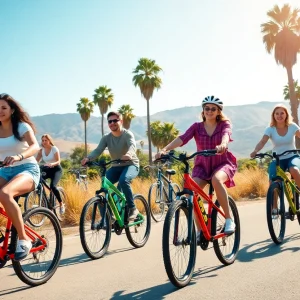 People riding electric bicycles in California's scenic landscape
