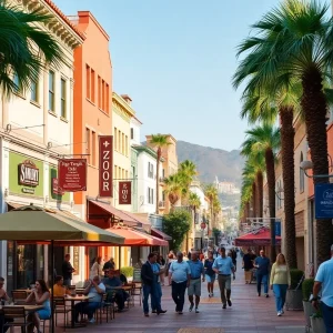 A busy California street with shops, cafes, and tourists.