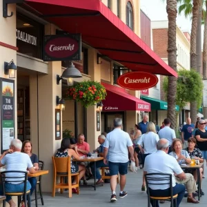 Vibrant California street scene with people dining outdoors and enjoying local events.