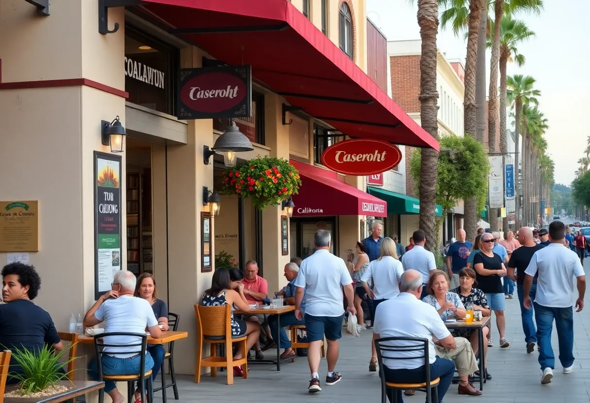 Vibrant California street scene with people dining outdoors and enjoying local events.