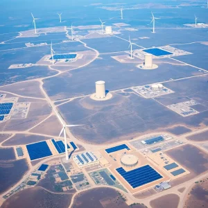 Aerial view of California's renewable energy sites including wind and solar.