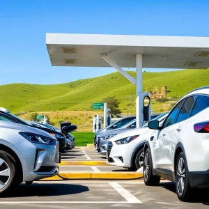 Electric vehicles charging at a California charging station
