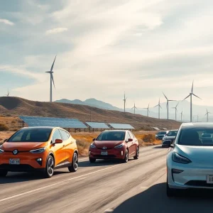 Electric vehicles on California highway with renewable energy sources in the backdrop.