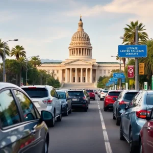 Scene depicting California streets with electric vehicles and charging stations, symbolizing legislative focus on EV mandates.