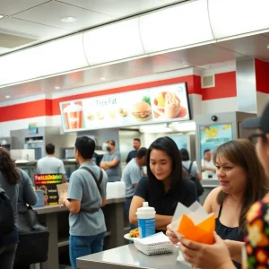 Diverse employees working in a fast food restaurant in California