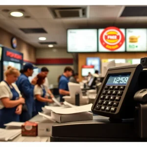 Fast-food restaurant with customers and workers, showcasing price changes due to minimum wage hike.