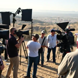 Film crew working on a set in California with equipment and scenery.