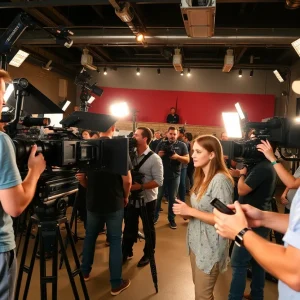 Film production crew working on set in California