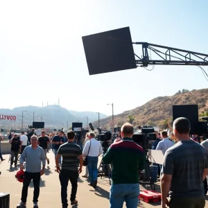 A busy film set in California with crew members working