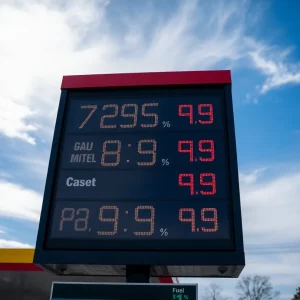 Gas station sign showing high fuel prices