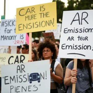 Protesters holding signs against the repeal of California's gasoline car ban
